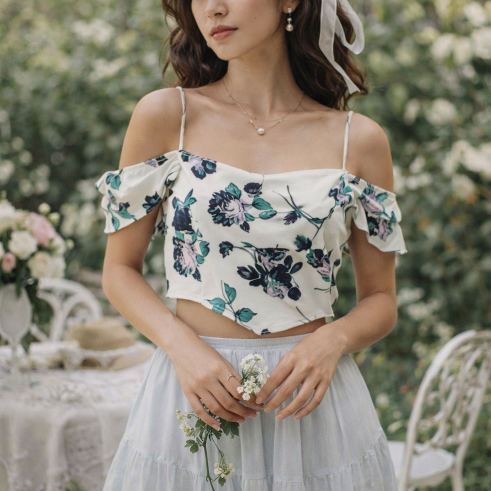 Free People Ivory Floral Cassandra‎ Off-Shoulder Crop Top Coquette Cottagecore L